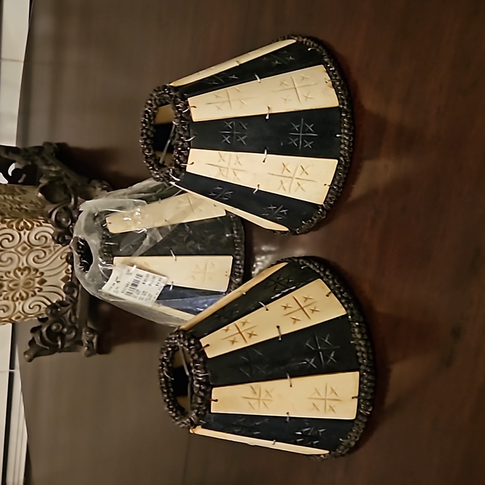 Carved bone lamp shades, lot of 3. Wood beaded trim. Small clip-on.